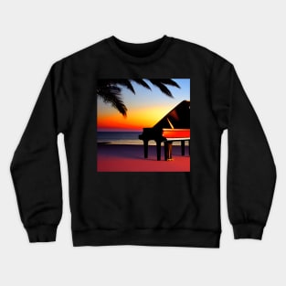 A Piano Sitting On The Beach At Sunset With A Palm Tree Near It. Crewneck Sweatshirt